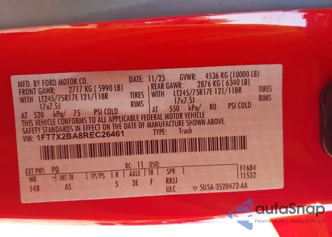 2024 Ford F-250 Xl from USA, damaged, VIN 1FT7X2BA8REC26461